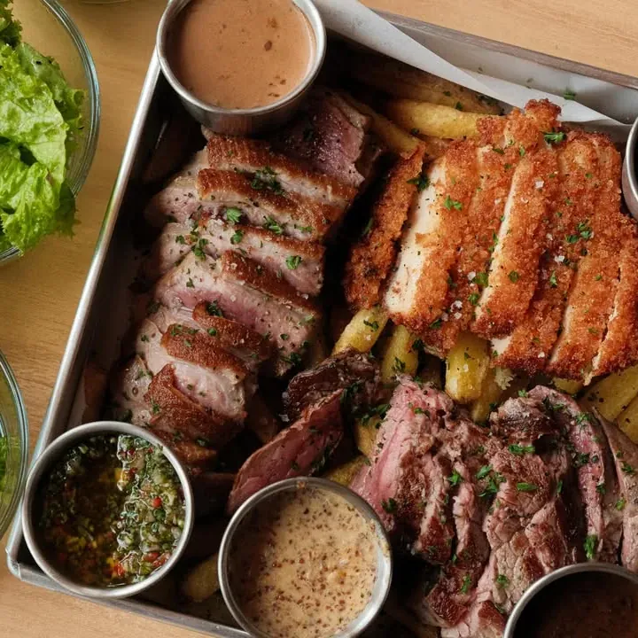 Box berbagi Les 3 Bœufs dilihat dari atas: bebek, ayam crispy, dan daging sapi di atas kentang goreng dengan lima saus