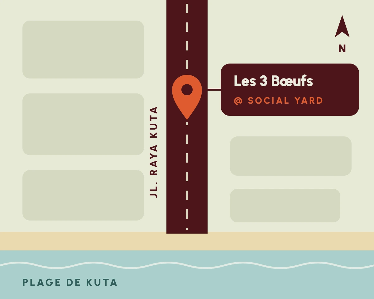 Schematic map: Les 3 Bœufs Meat Box at Social Yard on Jl. Raya Kuta, with Kuta Beach to the south